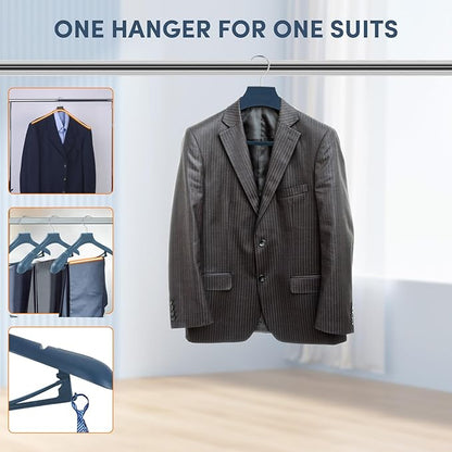 Suit Hangers for Men 50 Pack, Blue Coat Hangers Extra Wide Non Slip Width 17.7", Thick Plastic with Pants Bar & Metal Hook