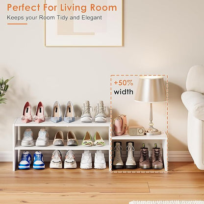 44.6 Inches Expandable White Shoe Rack Organizer for Closet,Adjustable Small Shoe Storage Shelves,Metal Wood Combination Shoe Shelf Stand Holder for Closets,Entryway,Front Door,Narrow Space,10-13 Pair