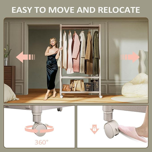 IZEUK Heavy Duty Rolling Garment Rack Wire Clothes Rack for Hanging Clothes, Metal Freestanding Closet Wardrobe Rack 3-Tier Clothing Rack with Wooden Boards Gold 17.7" D x 33.5" W x 70.3" H