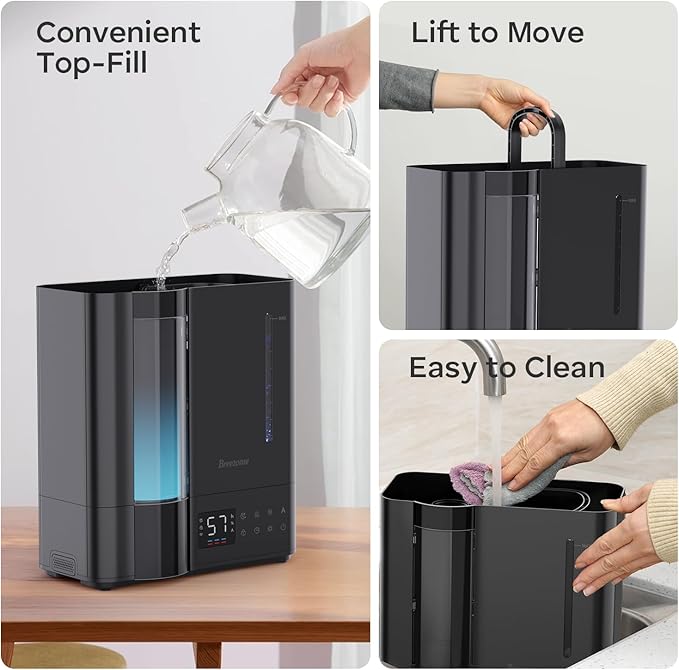 BREEZOME 8L Humidifiers for Bedroom, Smart Warm & Cool Mist for Large Room Home, Top Fill Ultrasonic Humidifier, Humidity Sensor, Essential Oil, 65H Runtime, Quiet for Baby, Plants, Fast Relief