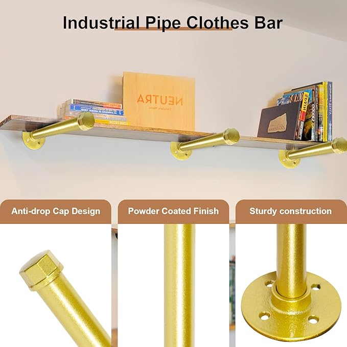 6 Pcs Industrial Pipe Clothes Bar 12 Inch - Wall Mount Clothing Rack - Face Out Closet Rods for Hanging Clothes Commercial Retail Boutique Laundry Shirt Display - Golden