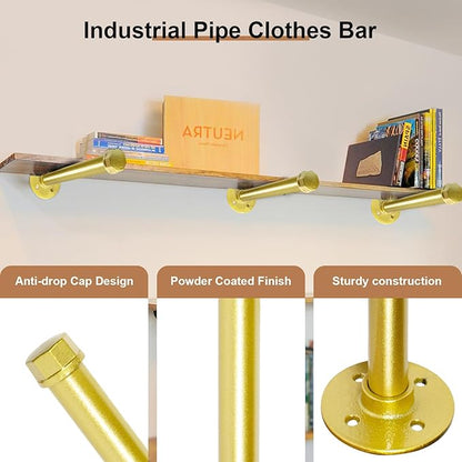 6 Pcs Industrial Pipe Clothes Bar 12 Inch - Wall Mount Clothing Rack - Face Out Closet Rods for Hanging Clothes Commercial Retail Boutique Laundry Shirt Display - Golden