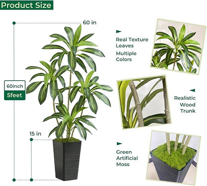 5FT Artificial Dracaena Tree with Black Planter and Fake Moss - Real Touch Fake Plant for Home & Office Decor, Faux Yucca Indoor Floor Tree, Low Maintenance, Non-Fading Silk Plants