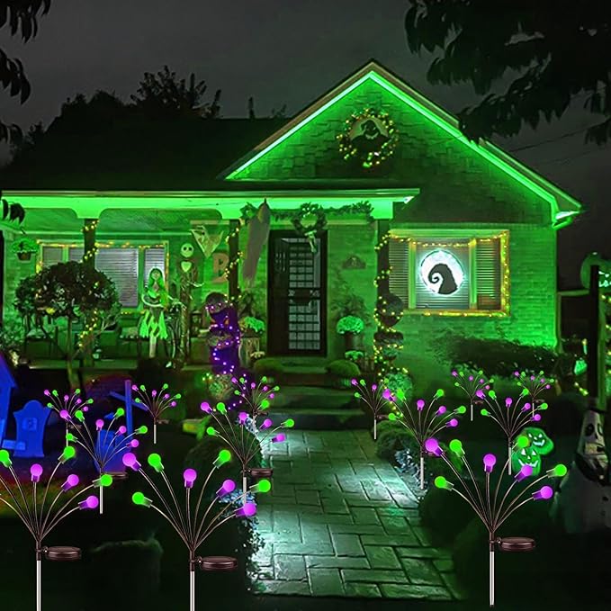 6Pack Total 48 LED Purple and Green Solar Halloween Lights Outdoor - Solar Firefly Lights Outdoor, Sway by Wind, Waterproof for Garden Patio Pathway Halloween Decorations