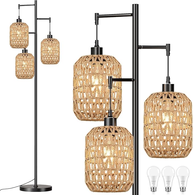 Floor Lamp for Living Room,Bedroom,Boho Rattan Tree 3 Lights Farmhouse Floor Lights,Industrial Black Standing Lamp Wicker Rustic Tall Lamp,Woven Bamboo LampShade Floor Lamps Bohemian