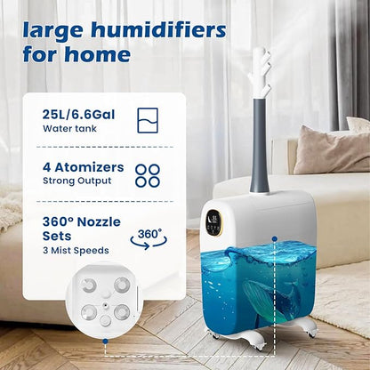 Humidifier Large Room,6.6Gal/25L Whole House Humidifiers for Bedroom Home 3000sq.ft, Commercial and Industrial Humidifiers with 360° Nozzle Tube,Top Fill/Smart Humidity/Timer,Nursery,Plants