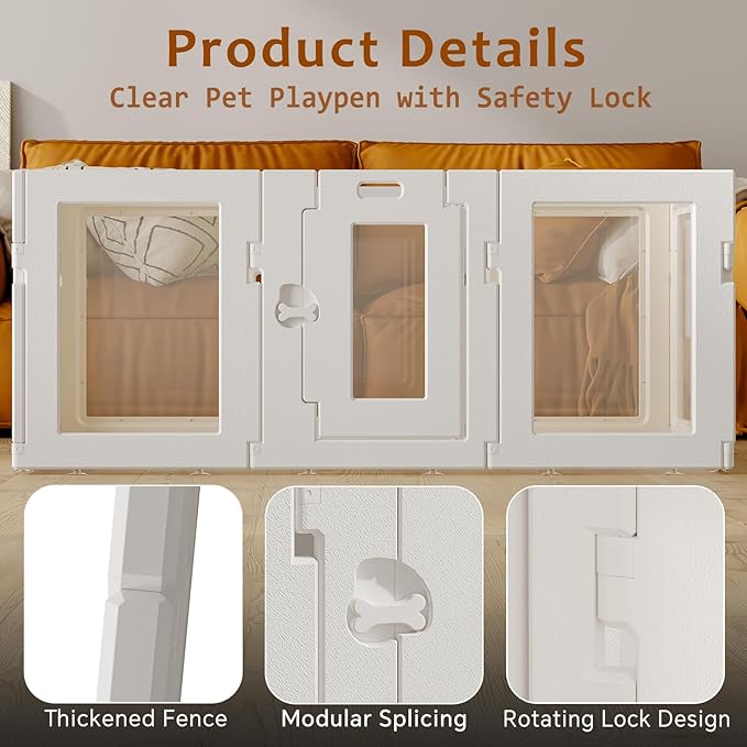 Clear Acrylic Dog Playpen Indoor, Puppy Cat Small Pet Play Pen, Easy Assemble & Disassemble Sturdy Plastic Dog Fence with Heavy Duty Door Lock (24In H, 12Panels), White