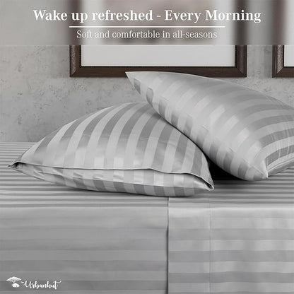 URBANHUT 800 Thread Count Egyptian Cotton Full Size Damask Striped Sheets Set (4 Pc) - Ultra Soft & Smooth, Thick & Crisp Sateen Weave Full Bedsheets, Fits Upto 16" Mattress - Silver Grey