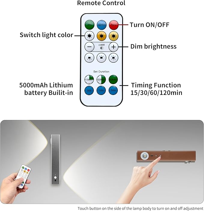 Motion Sensor LED Night Lights, 2500 mAh Rechargeable Battery Operated Indoor Wall Light Without Power Connection with Switch, Wireless Wall Lighting Battery for Cabinet Bedroom Stairs (Brown)