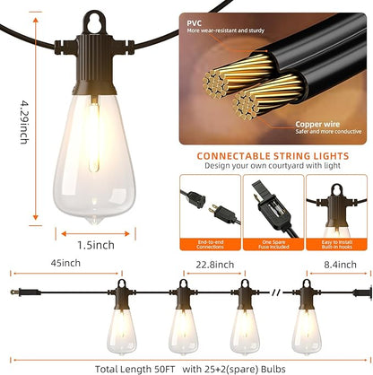 Kawaya 50FT Outdoor String Lights - Outside LED Patio Light with 25+2 Shatterproof Vintage Edison Bulbs - 2700K Dimmable IP65 Waterproof Hanging Lighting for Yard Porch Deck Balcony Bistro Cafe Party