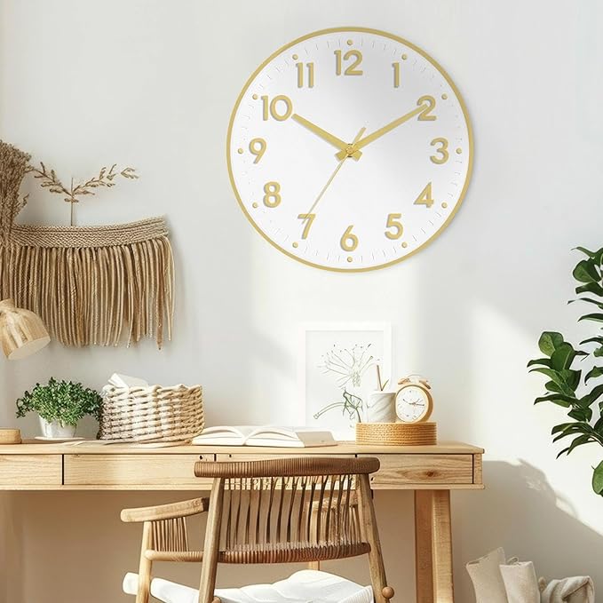 Mosewa Wall Clock 8 Inch, Battery Operated Silent Non-Ticking Modern Analog Clock Decorative for Kitchen, Bedroom, Office(White Gold)