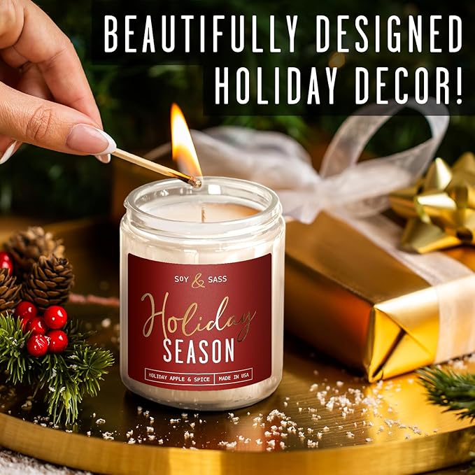 Holiday Candles, Christmas Candles Scented – ‘Holiday Season’ Soy Candle, w/Apple, Cinnamon & Clove - Infused with Essential Oils I Holiday Candle I 9oz, 50Hr, Made in USA