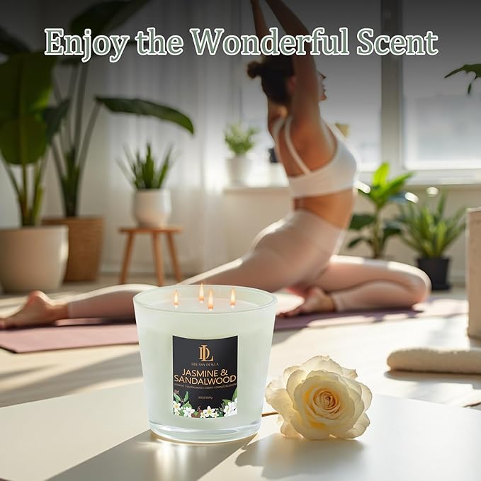Large Candle Jasmine & Sandalwood Scented, 4 Wick Natural Soy Candles for Home Scented, 30oz Big Candle Long Lasting, Home Aromatherapy Candles Housewarming Valentine's Day Gift for Women Men