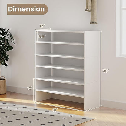 COSTWAY White Shoe Rack, 6-Tier Stackable Shoe Shelf for Closet, 31" Freestanding Extra Wide Storage Shoe Stand for Small Space Entryway Hallway Closet (2, White)