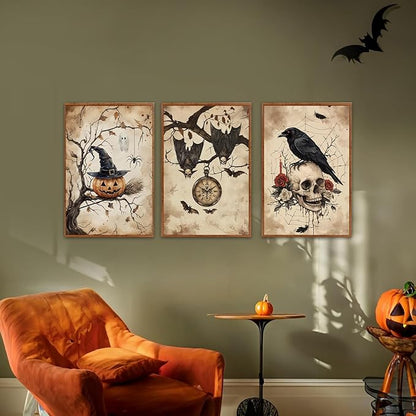 HLNIUC Vintage Halloween Decor Framed Gothic Skull Wall Art Set of 3(16”x24”) Floral Raven Crow Wall Decor,Horror Pumpkin Dark Academia Canvas Painting Bats Prints for Living Room Bedroom Goth Party