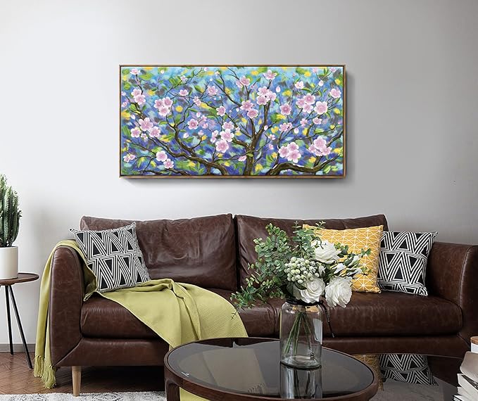 ARTZON Large Framed Canvas Wall Art Pink Green Tree Flower Artwork Plum Blossom Botanical Aesthetic Gallery-wrapped Nature Picture for Living Room Above Bed Women Girly Bedroom Hallway Decor 48"x24"