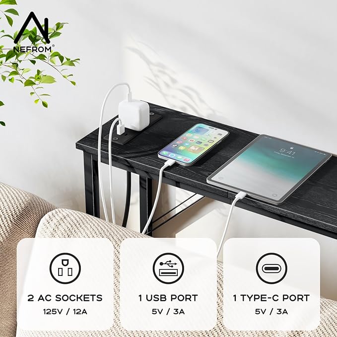 31.5‘’ Console Table, Skinny Entryway Table with Fast-Charging Station, Narrow Long Sofa Table, Behind Slim Couch Table for Entrance, Hallway, Living Room Decor ST-BK80-1