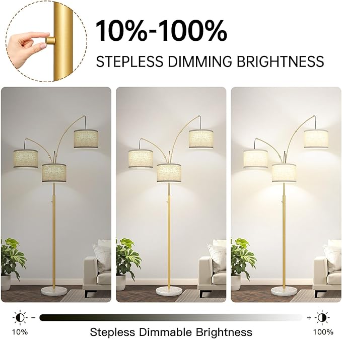Dimmable Floor Lamp - 3 Lights Gold Floor Lamps for Living Room Linen White Shades & Marble Base, Mid Century Tree Floor Lamp for Bedroom Office, 3 LED Bulbs Included