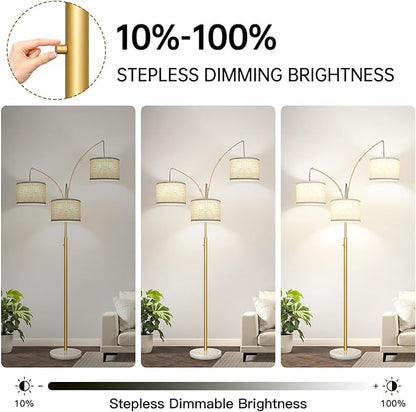 Dimmable Floor Lamp - 3 Lights Gold Floor Lamps for Living Room Linen White Shades & Marble Base, Mid Century Tree Floor Lamp for Bedroom Office, 3 LED Bulbs Included