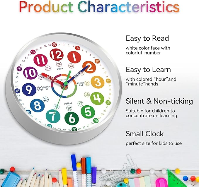 Wall Clock for Kids Learning - Teaching Time Wall Clocks Battery Operated Silent Non Ticking - Analog Colorful Clock Decorative for Kids Room Classroom School(12 Inch&Silver)