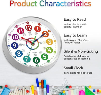 Wall Clock for Kids Learning - Teaching Time Wall Clocks Battery Operated Silent Non Ticking - Analog Colorful Clock Decorative for Kids Room Classroom School(10 Inch&Silver)
