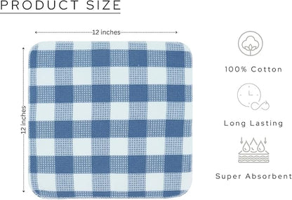 Waffle Weave Plaid Dish Cloths, 100% Cotton - 12 x 12 Inches, Ultra Soft Absorbent Quick Drying Dish Towels Buffalo Check Dish Rags for Kitchen, 8 Pack -Fall Thanksgiving- Smoky Grey and White