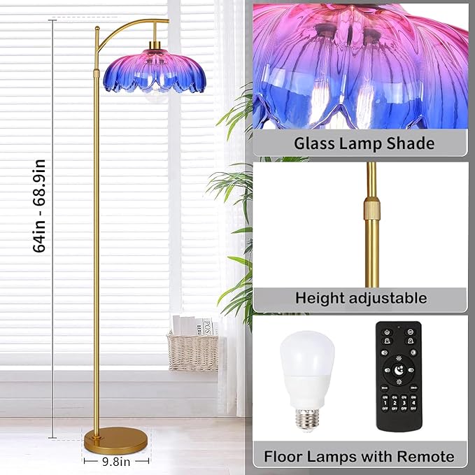 Floor Lamp for Living Room,Bedroom,Gold Dimmable Standing Lamp with Remote,Mid Century Modern Brass Tall Lamp Retro Vintage Glass Lamp Floor Light Boho Bohemian