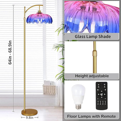 Floor Lamp for Living Room,Bedroom,Gold Dimmable Standing Lamp with Remote,Mid Century Modern Brass Tall Lamp Retro Vintage Glass Lamp Floor Light Boho Bohemian