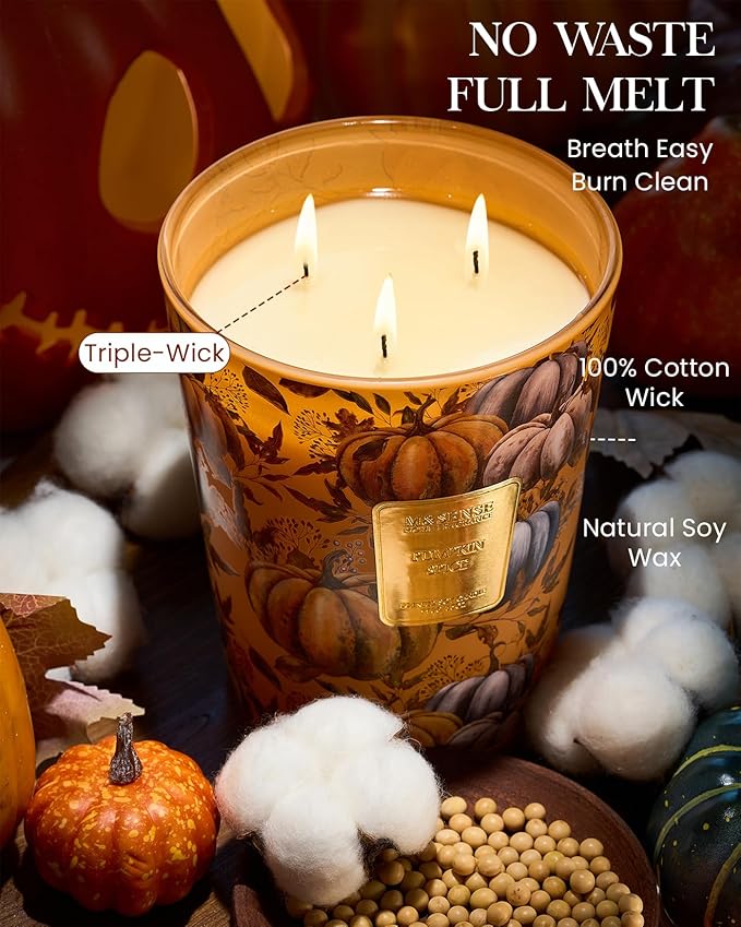 M&SENSE Pumpkin Spice Scented Candle, 3 Wick 35oz 150H Long Lasting Soy Candles, Fall Scent Unique Halloween Thanksgiving Gifts Home Decor