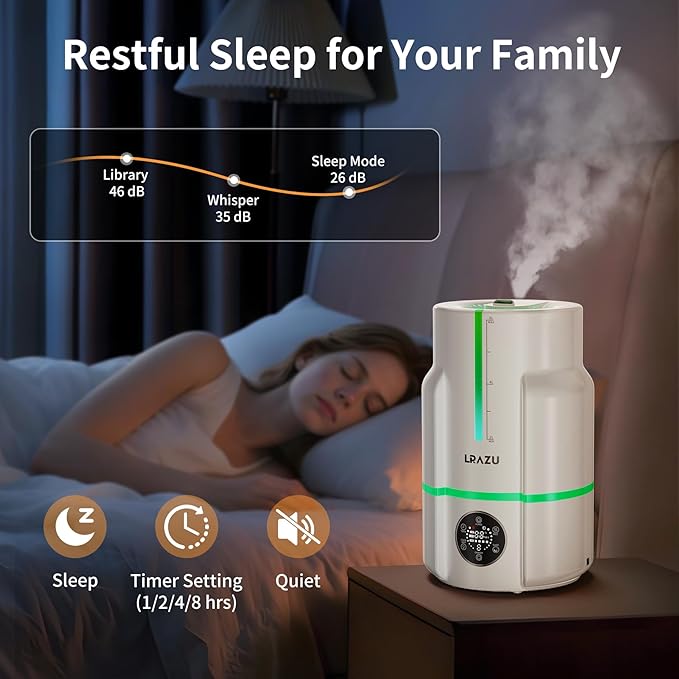 6L Humidifiers for Bedroom, 60H Runtime 26 dB Quiet Supersized Cool Mist Air Humidifiers for Large Room, Baby Nursery, Plant, Indoor, Night Light, Easy to Clean, Precise Humidity Control