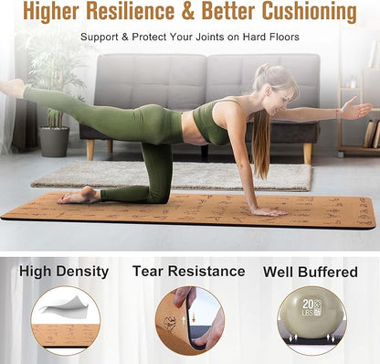 Premium Cork Yoga Mat 1/4 & 2/5 Inch Thick 72 x 26 in, Thick Cork and TPE Non Slip Yoga Mats for Women Men, Sweat Proof Eco-friendly, Great for Hot Yoga & Workouts