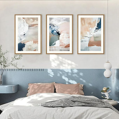 Large Abstract Brush Strokes Framed Canvas Wall Art,Neutral Navy Blue Wall Decor,Modern Pastel Wall Painting,Grey White Toned Artwork for Living Room,Bedroom,Dining Room,Office -16"x24"x3