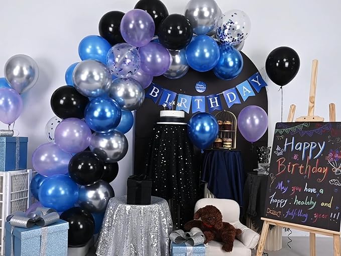 Black Blue and Purple Balloons, 12 Inch Metallic Blue Purple Black and Silver Confetti Balloons for Kids Boys Outer Space Astronaut Birthday Baby Shower Video Game Party Decorations