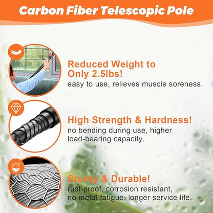 Window Washing Kit with Extension Pole 4.7 to 24FT, Long Squeegee for Window Cleaning Indoor Outdoor, Carbon Fiber Telescopic Pole for Window Cleaner Tool with Microfibre Pad & Chenille Cloth
