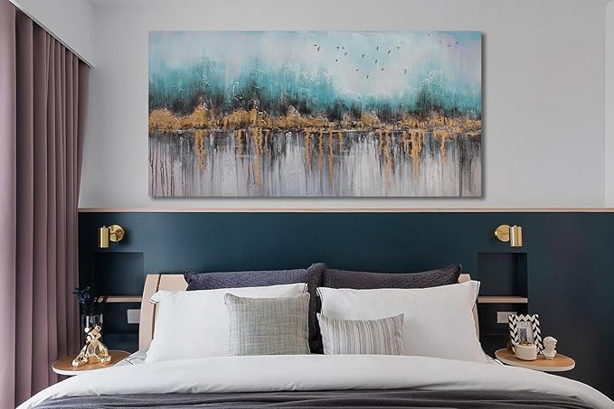 Ardemy Abstract Canvas Wall Art Teal and Gold Paintings Wall Decor Bedroom Large Pictures Textured Artwork for Walls Home Office Living Room 40"x20"