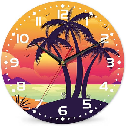Palm Tree Sunset Art Wall Clock Vintage Wooden Wall Clock Silent Non-Ticking Battery Operated Arabic Numerals Wall Clocks Decorative for Kitchen, Office, Classroom 10 Inch