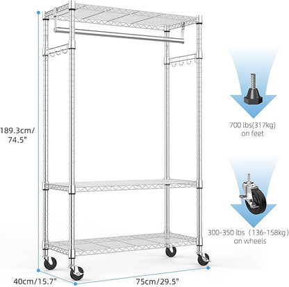 Heavy Duty Rolling Garment Rack 3 Tiers Adjustable Wire Shelving Clothes Rack with Rods and Side Hooks,Storage Closet Clothing Rack with Wheels Chrome 15.7" D x 29.5" W x 74.5" H