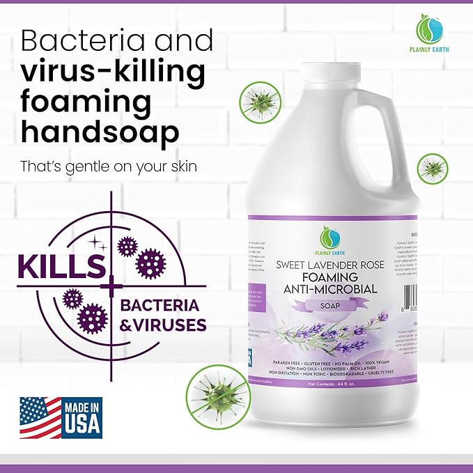 AntiMicrobial Hand Soap 64 oz - Sweet Lavender Rose Gentle Foaming Liquid Hand Soap Refill Antibacterial - Moisturizing, Long Lasting Freshness & Safe for Skin