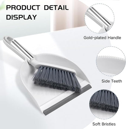 NACENA Mini Broom and Dustpan Set, Small Dust Pan and Brush Set with Handle Dustpan Teeth for Cleaning Hair Suitable for Office Desks Drawers Sofas Pet Care Outdoor Camping, White & Gray