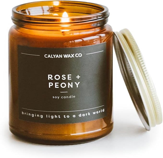 Calyan Wax Co. Rose & Peony Scented Candle - 57 Hour Burn - Luxury Non Toxic Soy Wax Candles - Long Lasting Amber Glass Jar Candle for Home - 7.2oz