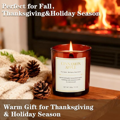 Holiday Candle Gift Set–2 Pack Wood Wick Cinnamon Apple Scented Candles,Long Lasting Natural Soy Wax Candles with Gift Boxes,Cozy Fall Aromatherapy Candle for Home Decor