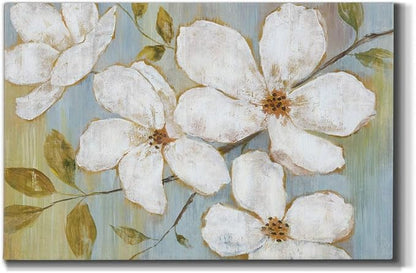 Wexford Home Home Decor Landscape Canvas Wall Art Abstract Floral Painting Modern Pictures Artwork Decoration for Living Room Kitchen Bathroom Office, Ready to Hang, White Blossoms, 18x27