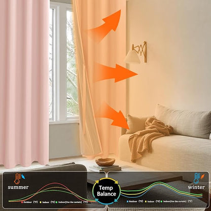 XWZO 100% Blackout Curtains 63 Inches Long - Heat and Full Light Blocking Window Treatment with Black Liner for Bedroom/Nursery with Tiebacks, Grommet Top, Blush Pink, W42 x L63, Set of 2