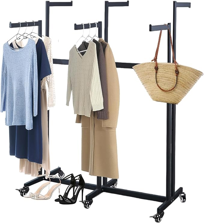 Metal Clothing Rack, 6 Arms Clothes Display Racks with Wheels, Adjustable Floor Standing Garment Rack From 46.85" to 64", Portable Retail Display Stand for Boutique Stores (Black, 6 Arm/45.66in)