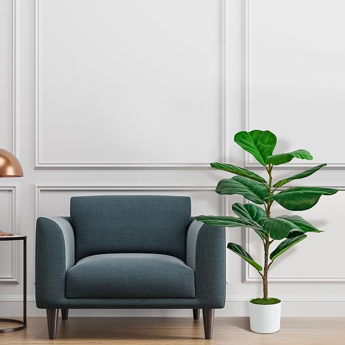 Artificial Mini Fiddle Leaf Fig Tree 31.5 Inch, Fake Plants Indoor Artificial Tree, Faux Fig Trees in White Pot for Housewarming Office Desk Home Green Decor