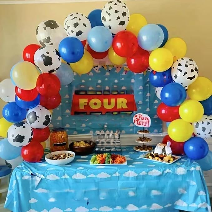 Toy Inspired Story Balloons, 12 Inch Cow Print Sky Blue Cloud Balloons Red Blue Yellow Green Balloons for Kids Boys Birthday Party Farm Themed Party Decorations