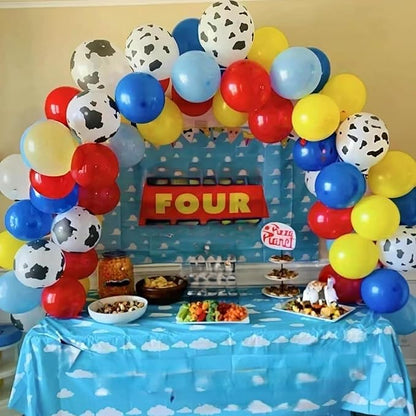 Toy Inspired Story Balloons, 12 Inch Cow Print Sky Blue Cloud Balloons Red Blue Yellow Green Balloons for Kids Boys Birthday Party Farm Themed Party Decorations