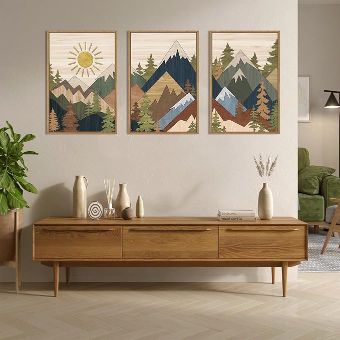 Large Abstract Mountain Woodcut Framed Canvas Wall Art,Neutral Pine Tree Wall Decor,Vintage Nature Forest Wall Painting,Rustic Artwork for Living Room,Bedroom,Dining Room,Farmhouse -24"x36"x3