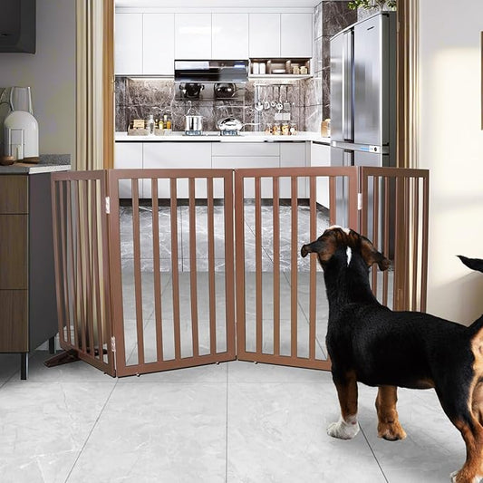 Dog Gate Indoor, Freestanding Dog Fence for The House, Doorways, Hallways,or Stairs,Pet Gate Foldable Wooden,Expandable 32" Height 4 Panels,Brown