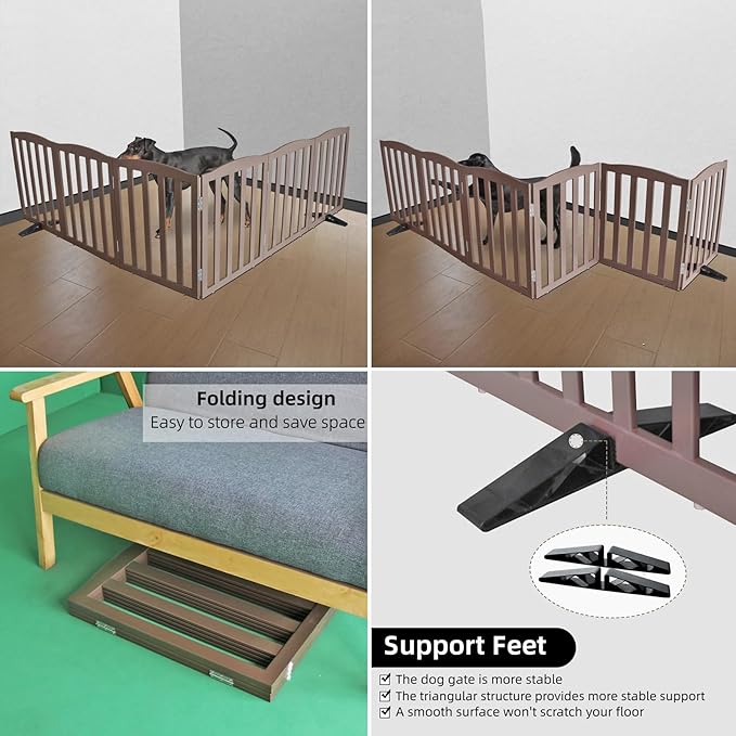 ZJSF Foldable Freestanding Indoor Dog Gate for House Wood Long Pet Gates Dog Fence for Stairs Puppy Gates for Hallways, Puppy Gate,Support Feet Included, Brown, 32 "Height-6 Panels